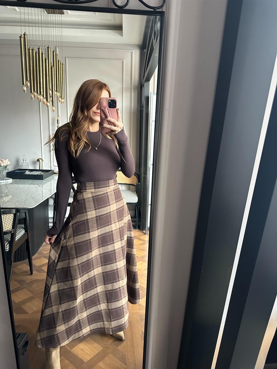 Kahve Ekose Uzun Kloş Etek