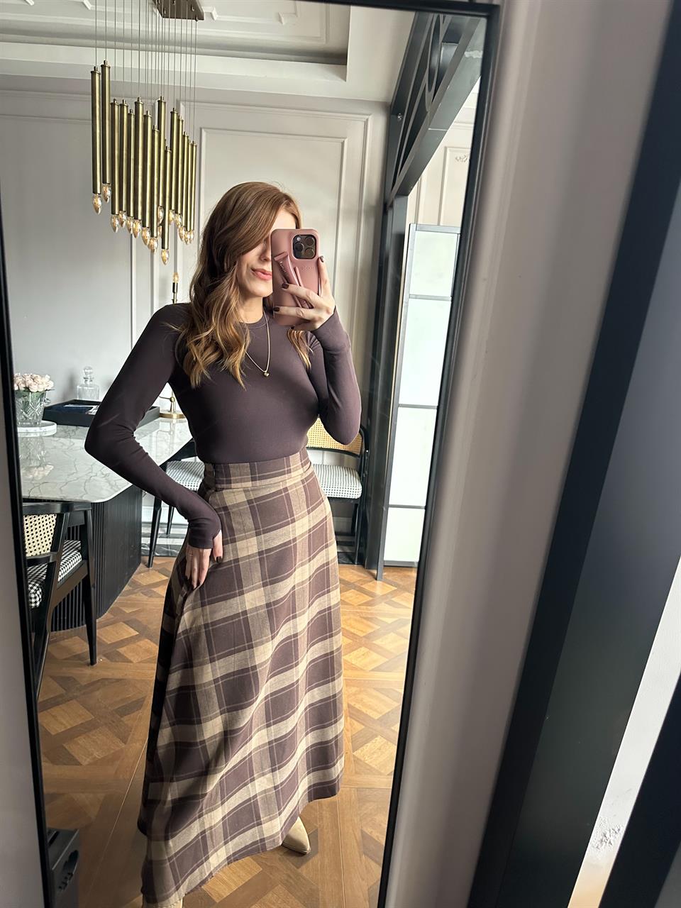 Kahve Ekose Uzun Kloş Etek