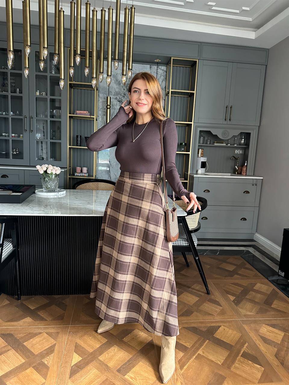 Kahve Ekose Uzun Kloş Etek