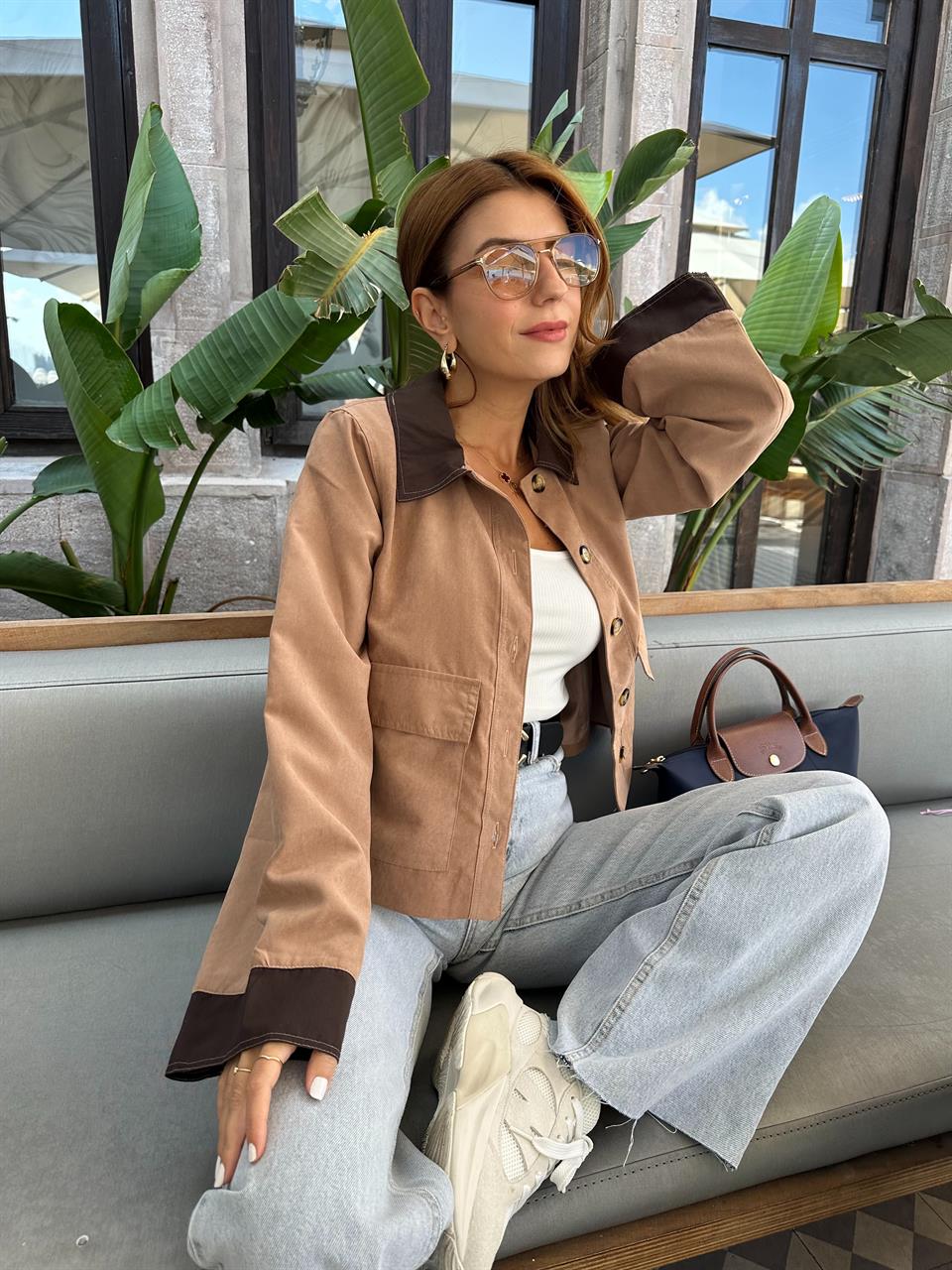 Kahve Garnili Süet Trenç Ceket