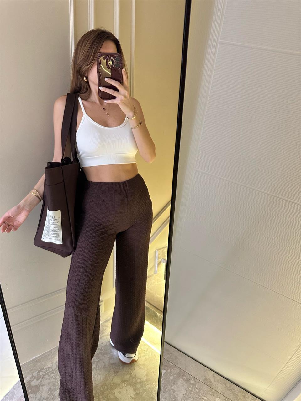 Kahve Gofre Dökümlü Lastikli Pantolon