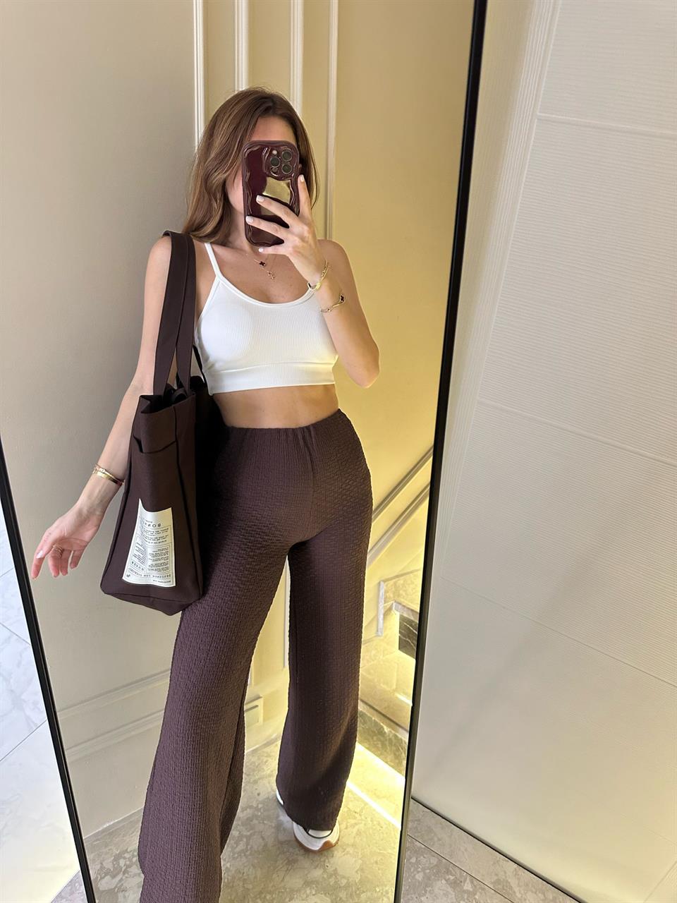 Kahve Gofre Dökümlü Lastikli Pantolon