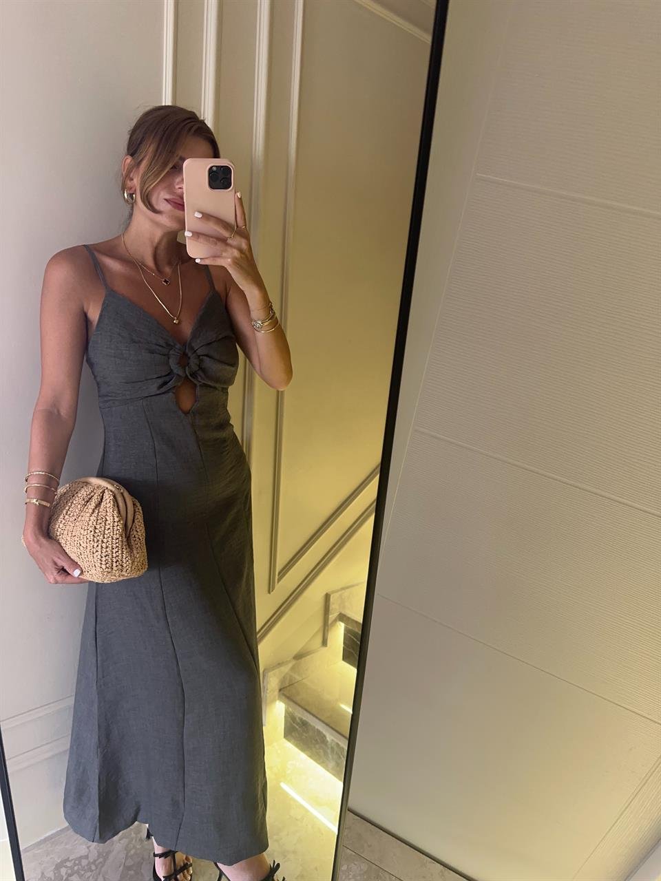 Kahve Naturel İp Askılı Elbise