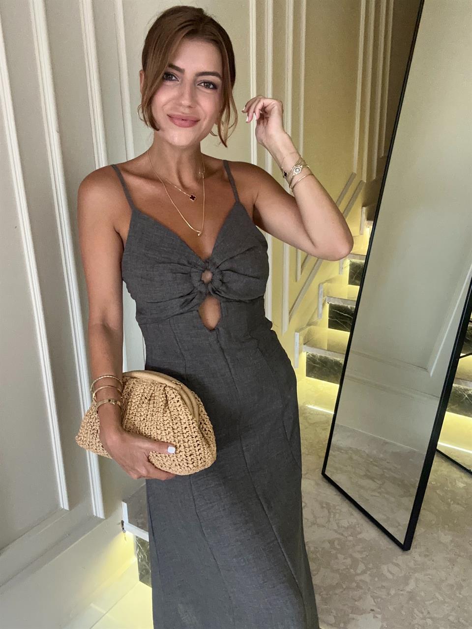 Kahve Naturel İp Askılı Elbise