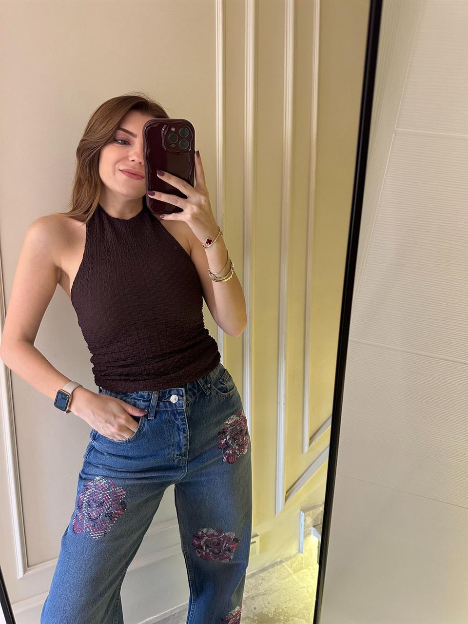 Kahve Sırt Ayarlı Gofre Bluz