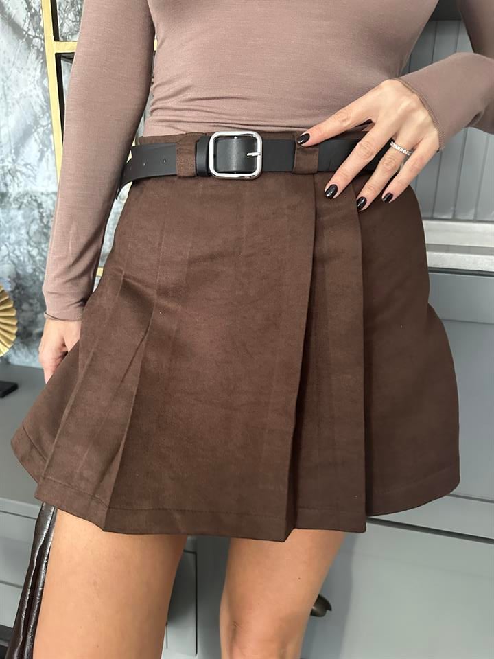 Kemer Detay Pileli Süet Şort Etek