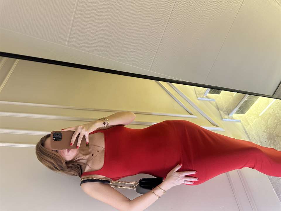 Kırmızı Ön Arka Kare Yaka Uzun Elbise