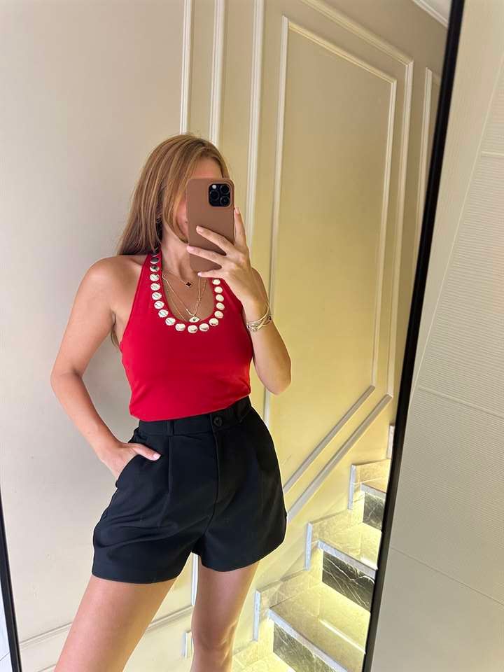 Kırmızı Pullu Boyundan Geçmeli Crop Bluz