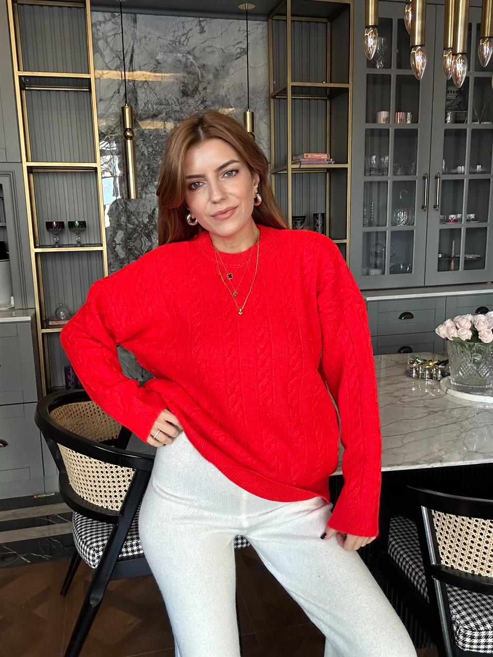 Kırmızı Saç Örgü Salaş Triko Kazak