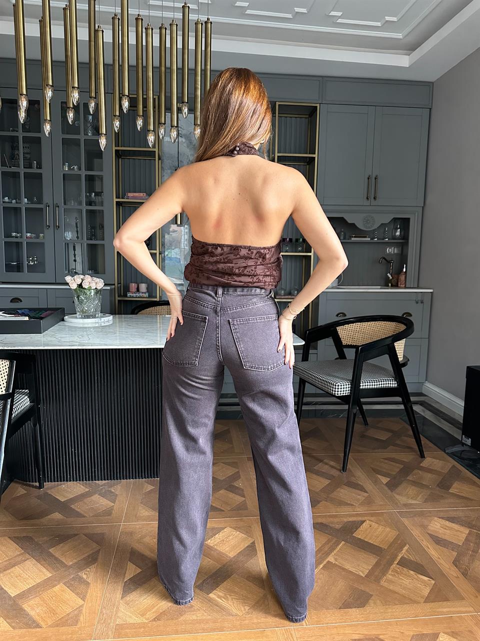 Koyu Kahve Taş Yıkama Wide Leg Jean