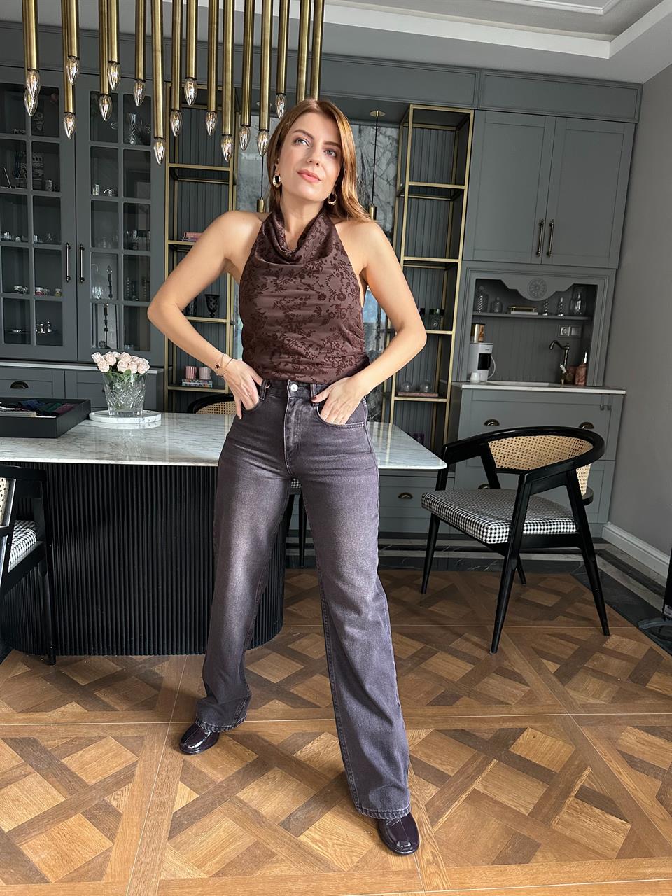 Koyu Kahve Taş Yıkama Wide Leg Jean