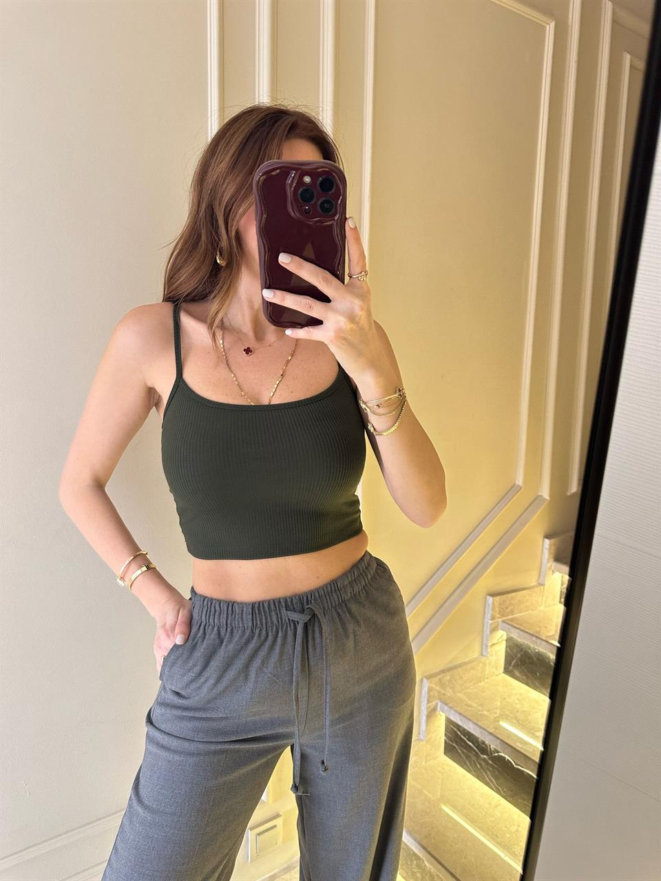 Koyu Yeşil Kaşkorse Askılı Crop