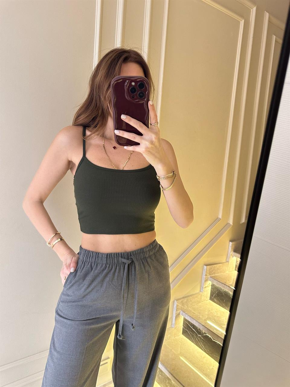 Koyu Yeşil Kaşkorse Askılı Crop