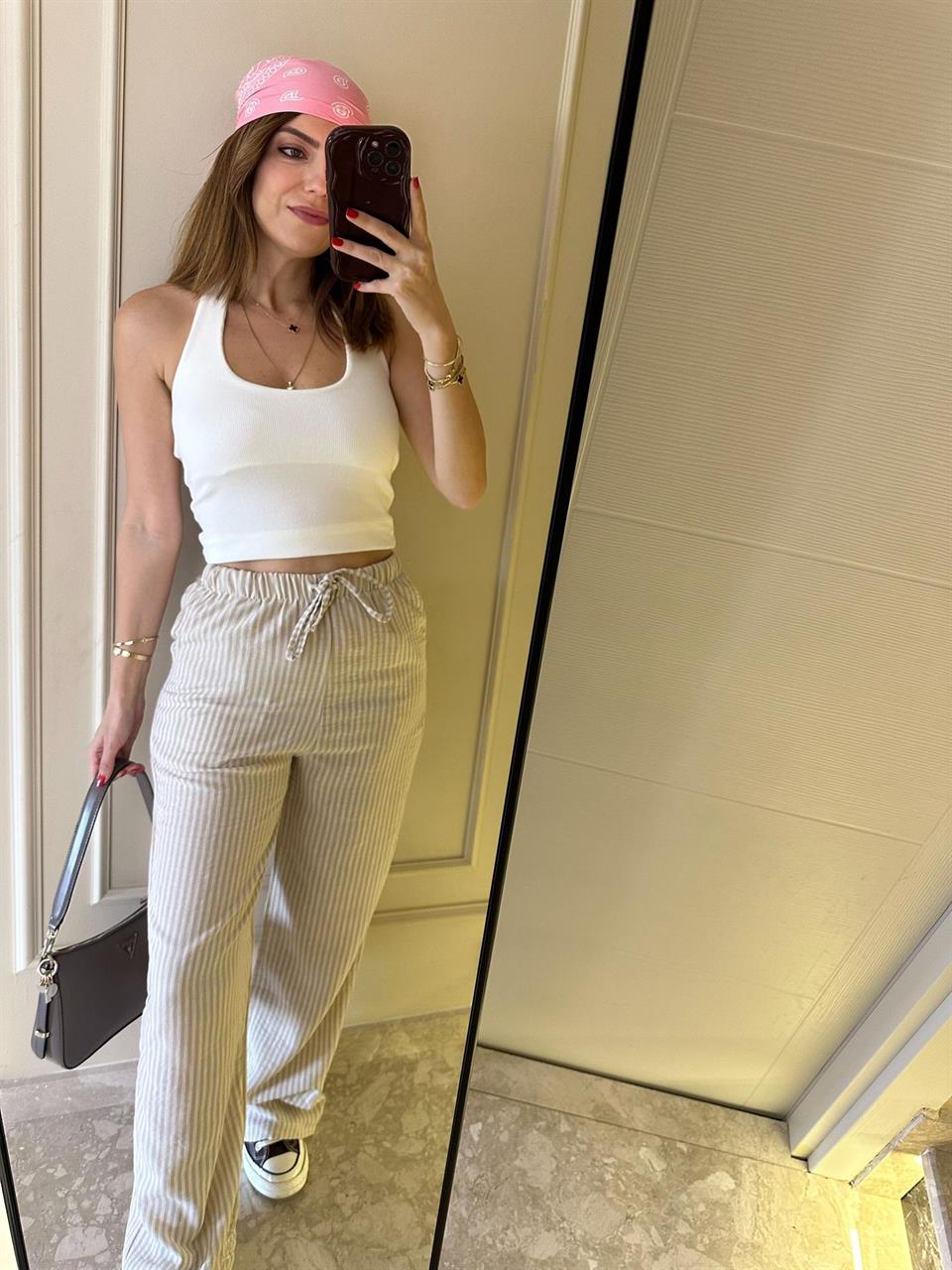 Krem Bel Lastik Çizgili Keten Pantolon