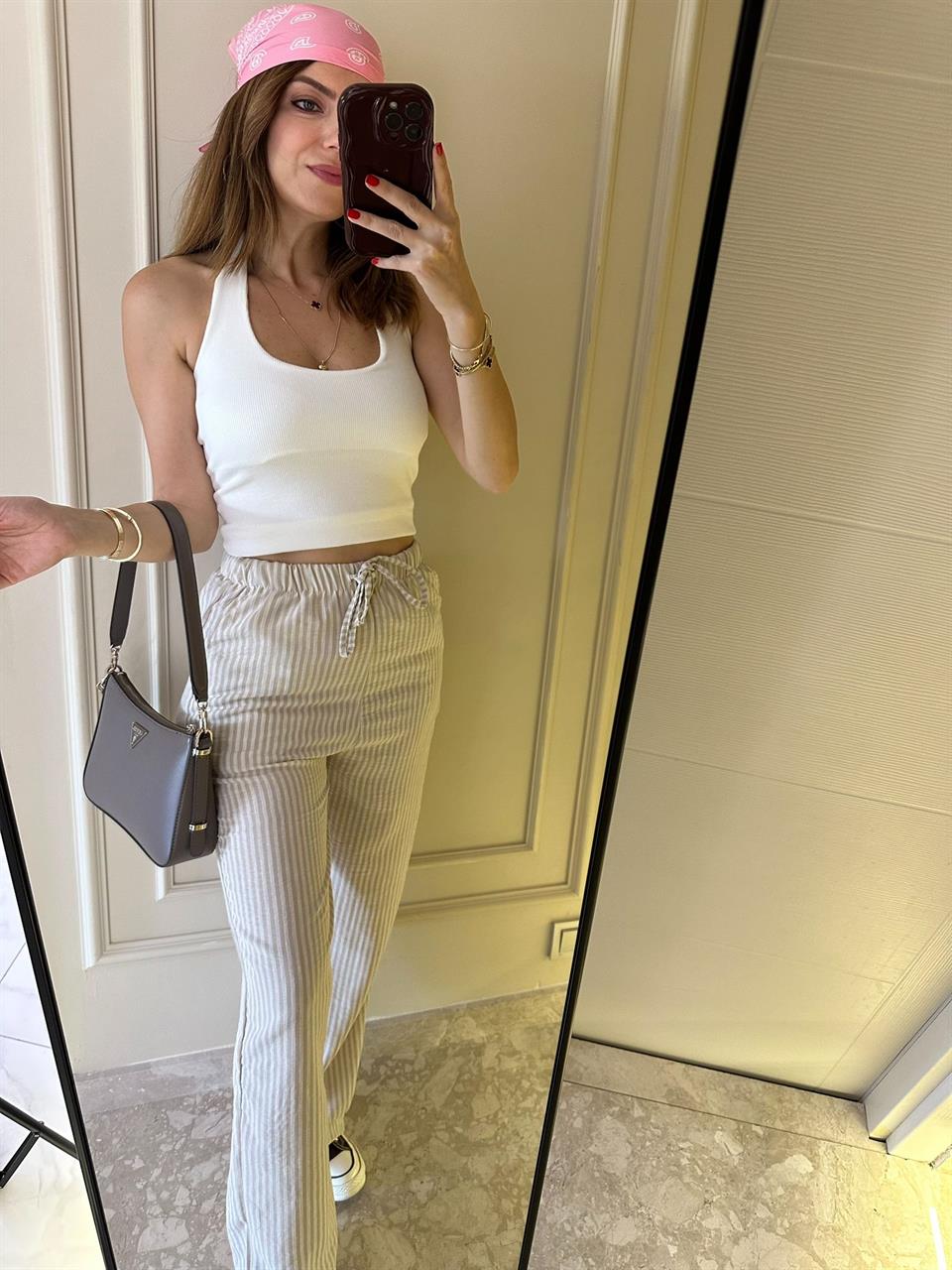 Krem Bel Lastik Çizgili Keten Pantolon