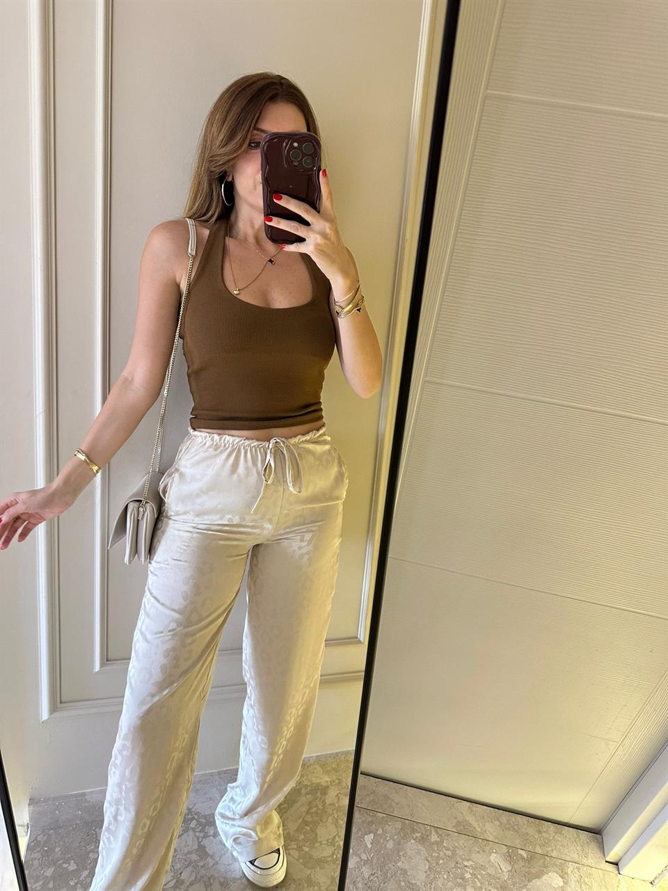 Krem Parlak Leopar Desen Pantolon