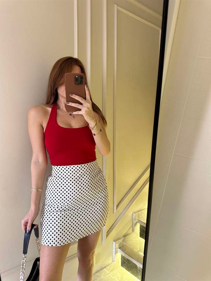 Krem Puantiyeli Etek