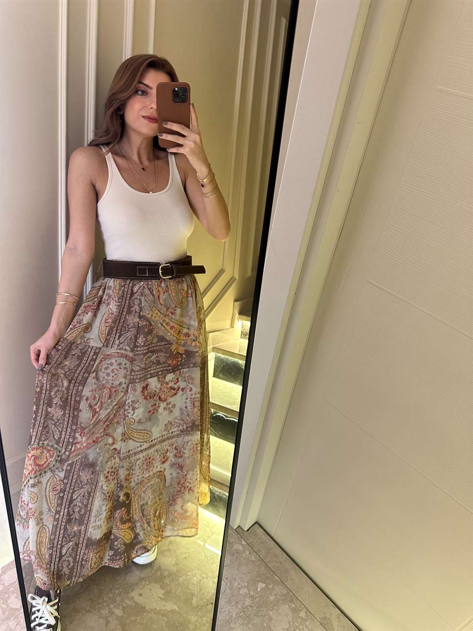 Krem Şifon Kumaş Desenli Astarlı Etek