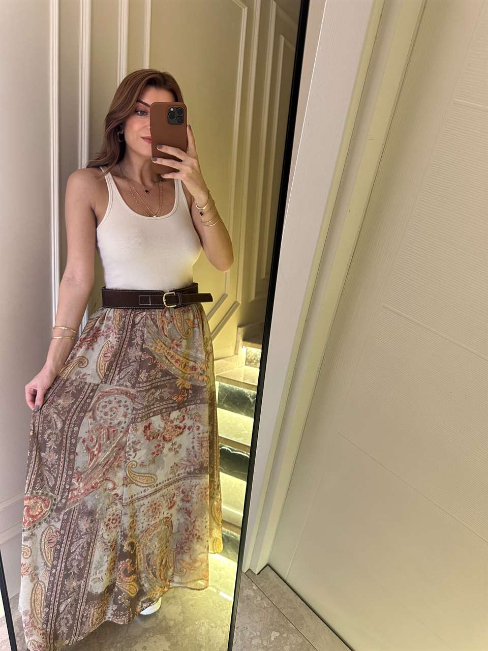 Krem Şifon Kumaş Desenli Astarlı Etek