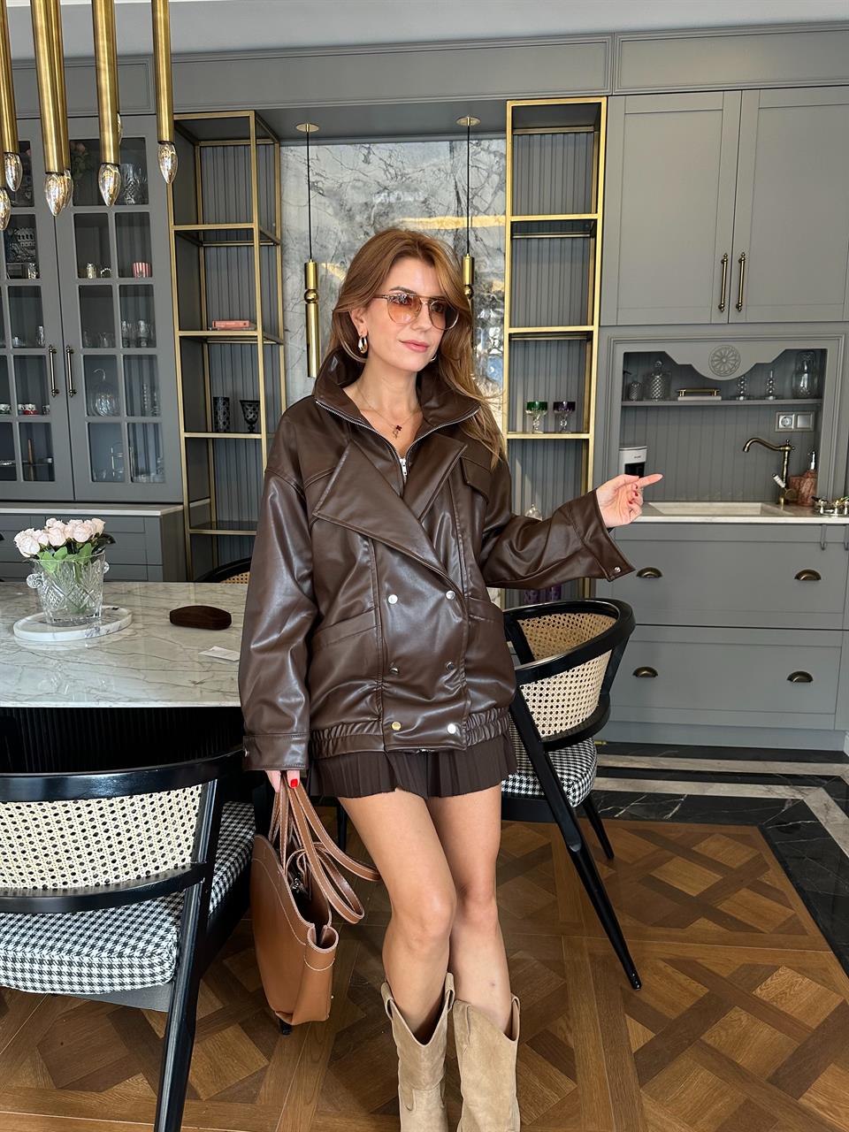 Kruvaze Kapama Oversize Deri Ceket