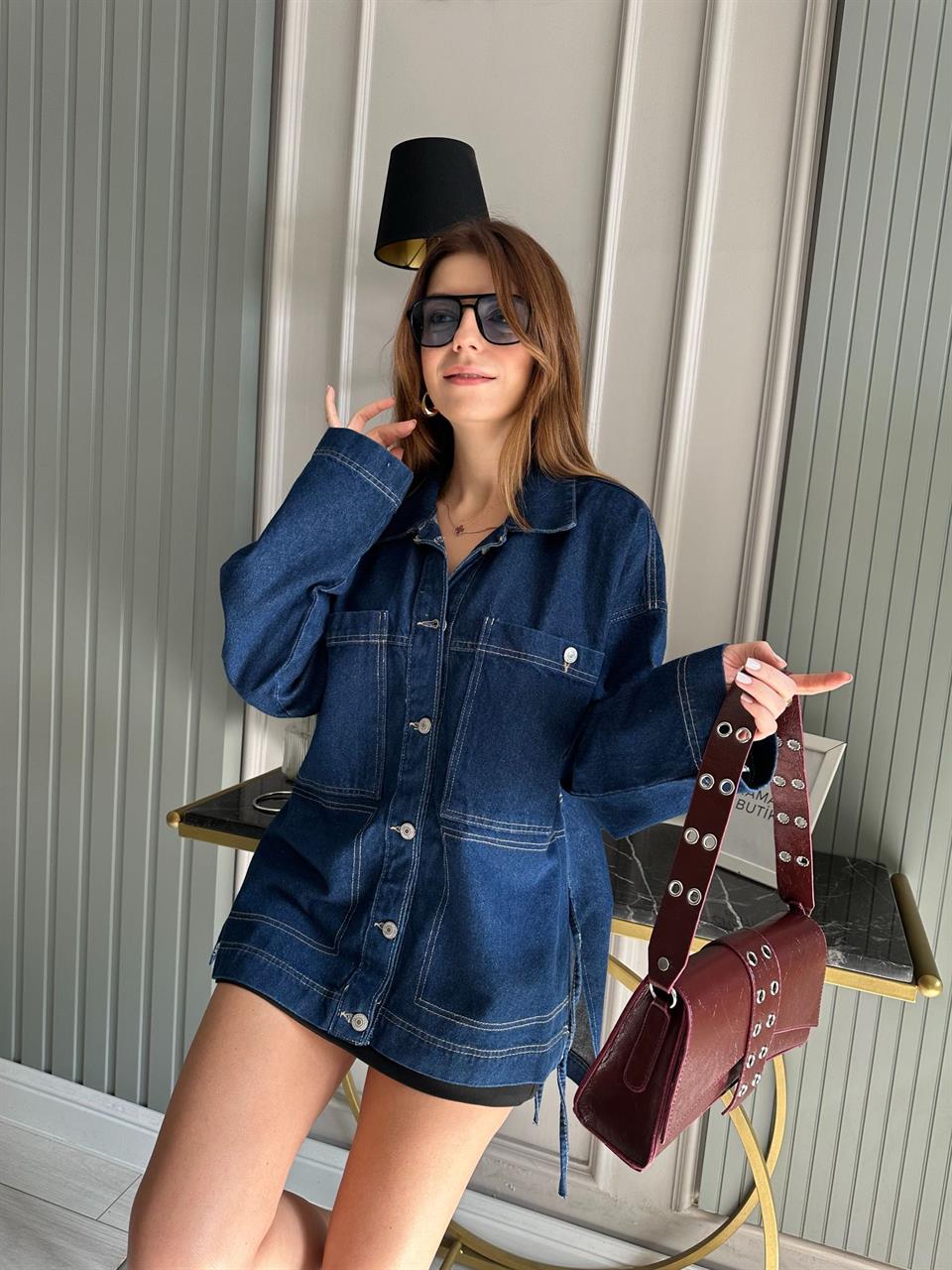 Lacivert Bağlamalı Kot Ceket