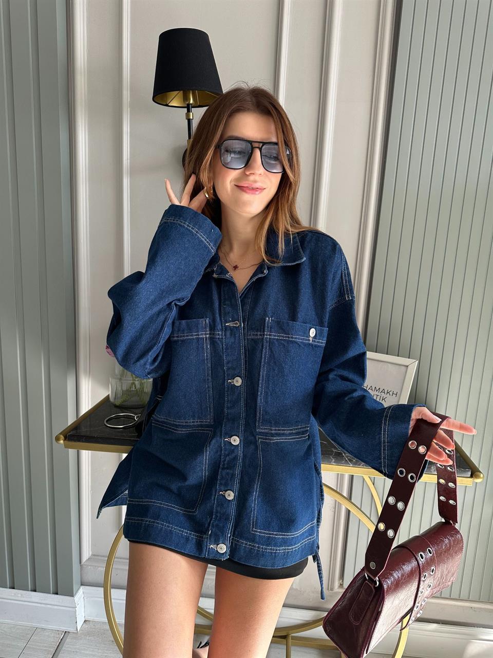 Lacivert Bağlamalı Kot Ceket