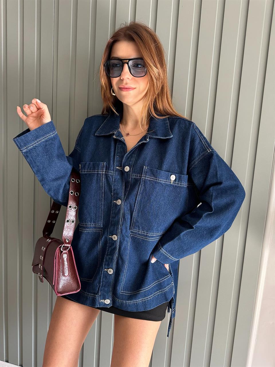 Lacivert Bağlamalı Kot Ceket