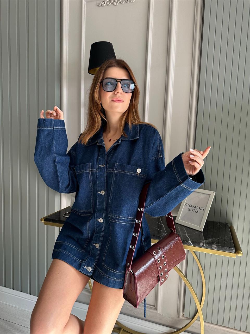 Lacivert Bağlamalı Kot Ceket