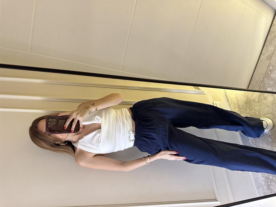 Lacivert Bel Lastik Bol Paça Tensel Pantolon