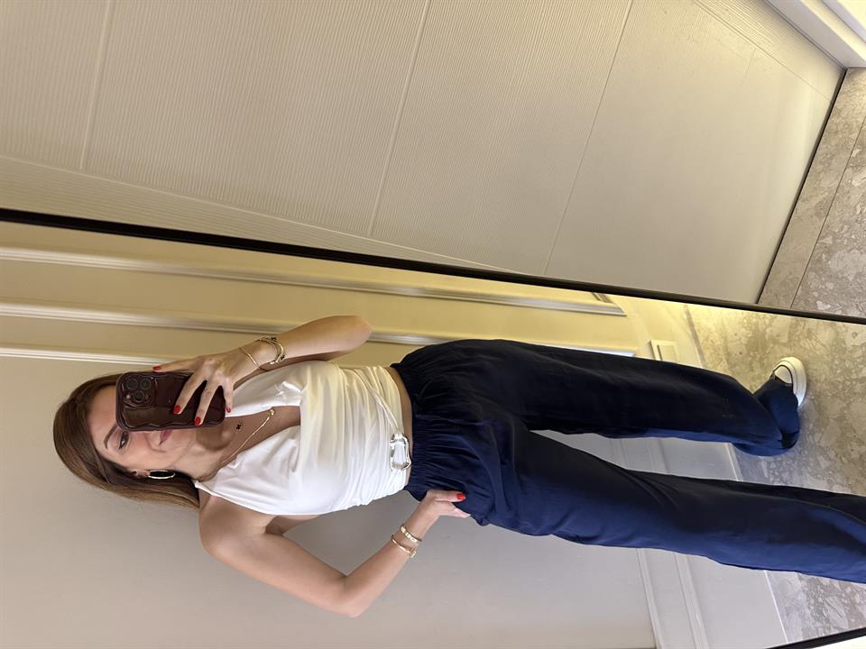 Lacivert Bel Lastik Bol Paça Tensel Pantolon