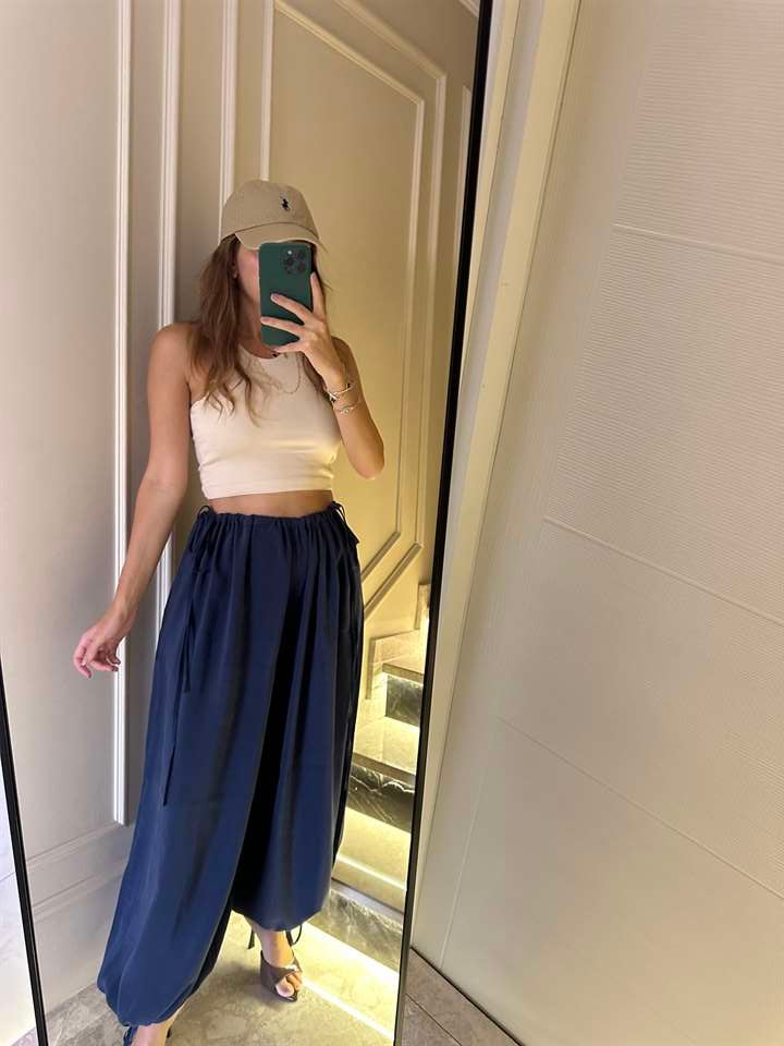 Lacivert Beli Ayarlanabilir Bol Paça Pantolon