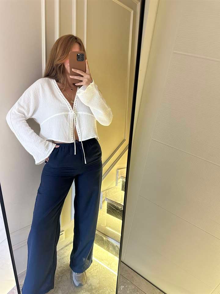 Lacivert Beli Bağcıklı Bol Paça Keten Pantolon