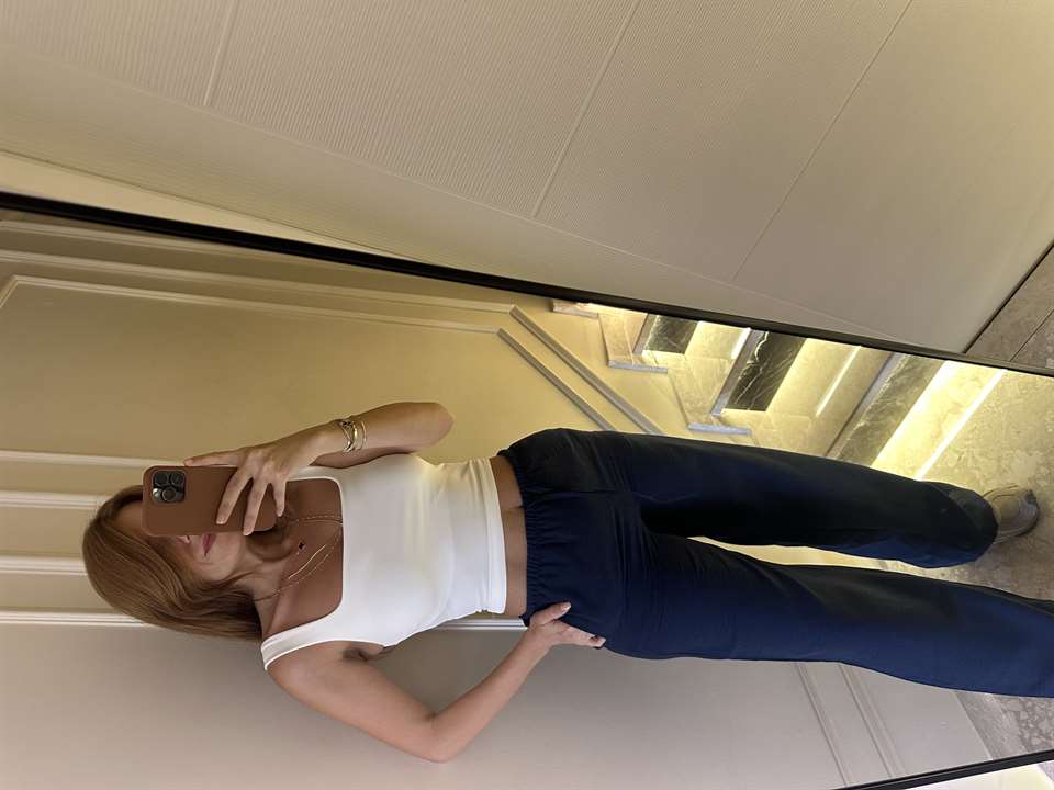 Lacivert Beli Bağcıklı Bol Paça Keten Pantolon