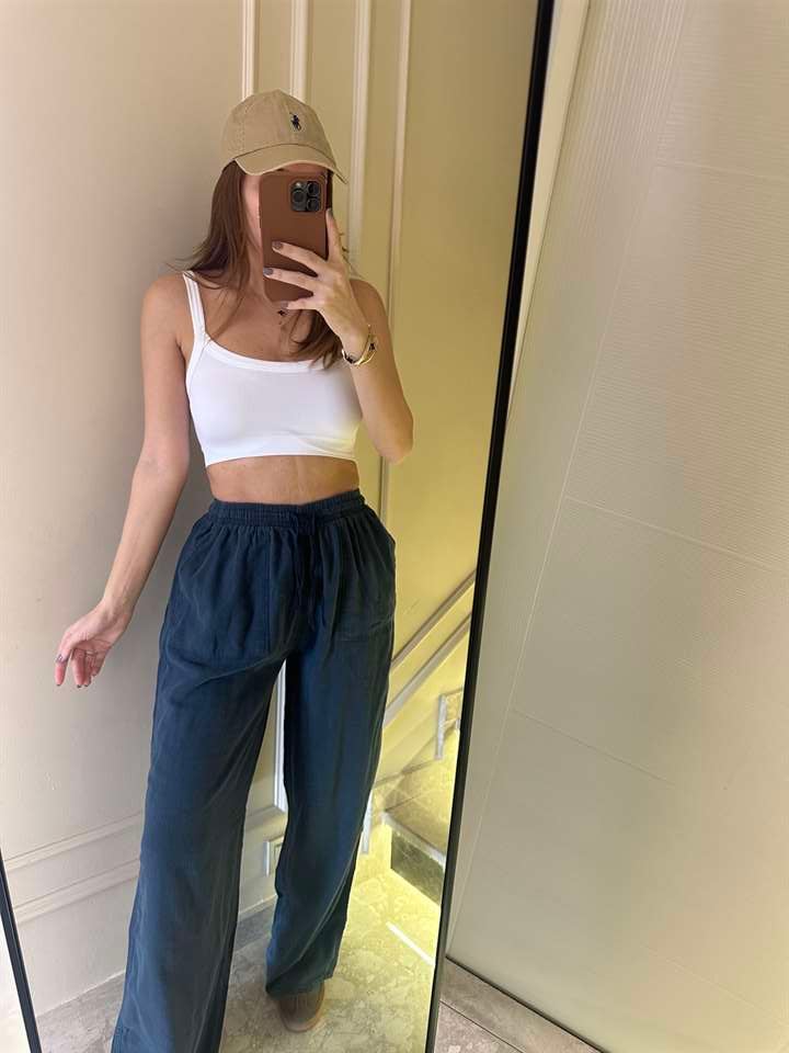 Lacivert Bol Paça Viskon Palazzo Pantolon