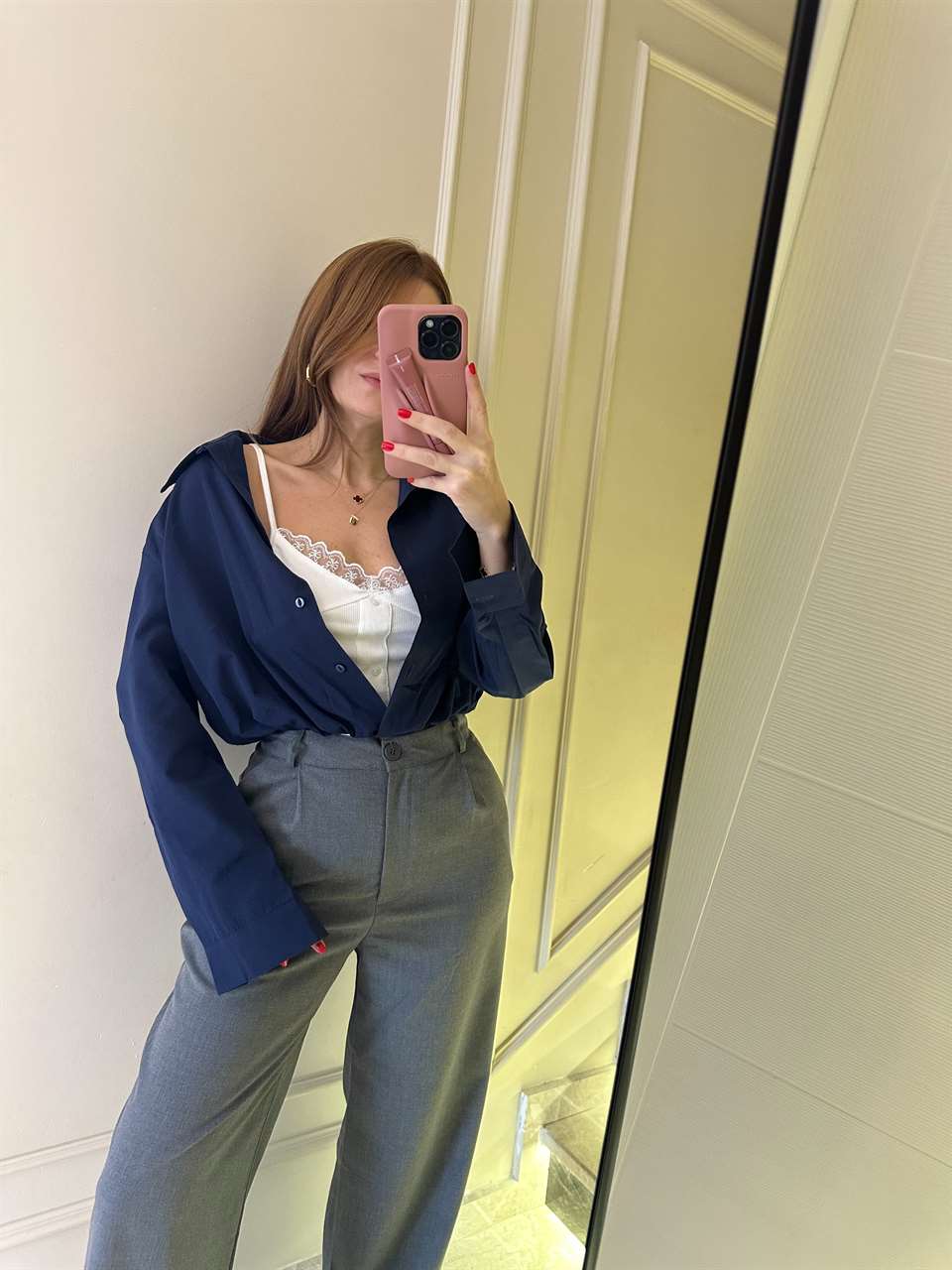 Lacivert Dantel Bluz Detay İkili Crop Gömlek