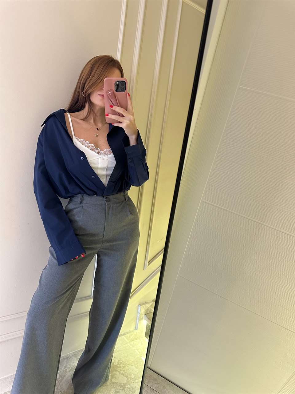 Lacivert Dantel Bluz Detay İkili Crop Gömlek