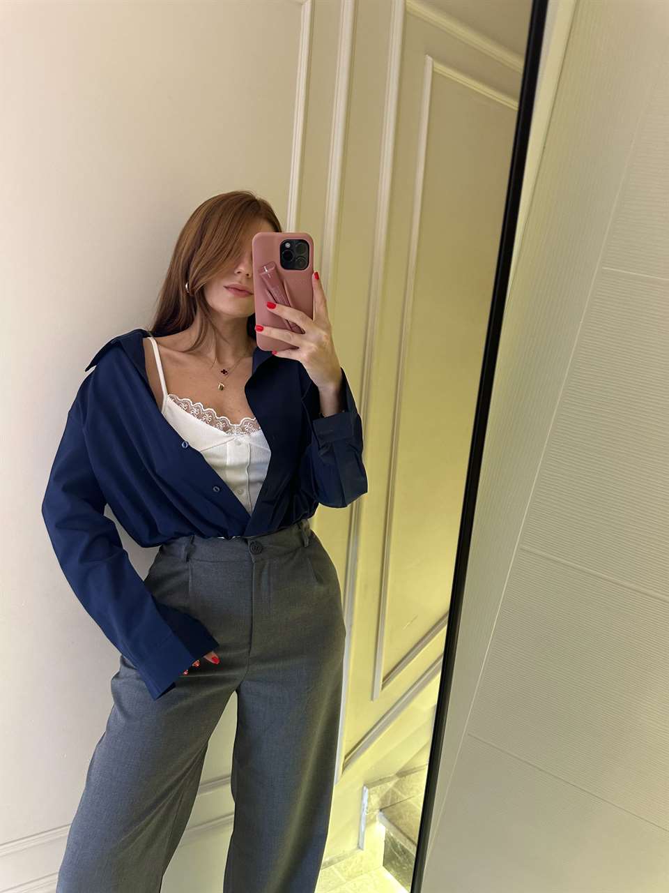 Lacivert Dantel Bluz Detay İkili Crop Gömlek