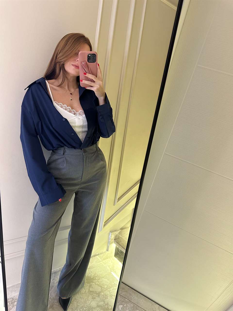 Lacivert Dantel Bluz Detay İkili Crop Gömlek