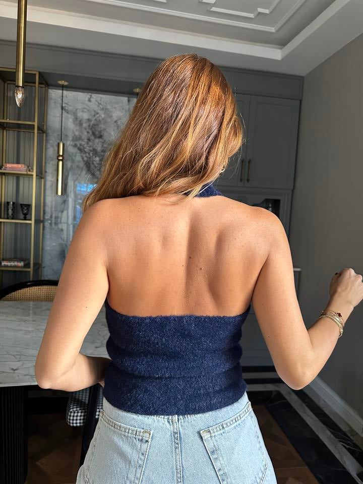 Lacivert Dik Yaka Sakallı Triko Bluz