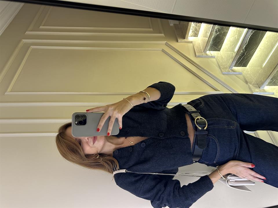 Lacivert Düğmeli Yün Crop Hırka