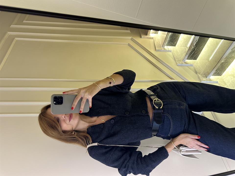 Lacivert Düğmeli Yün Crop Hırka