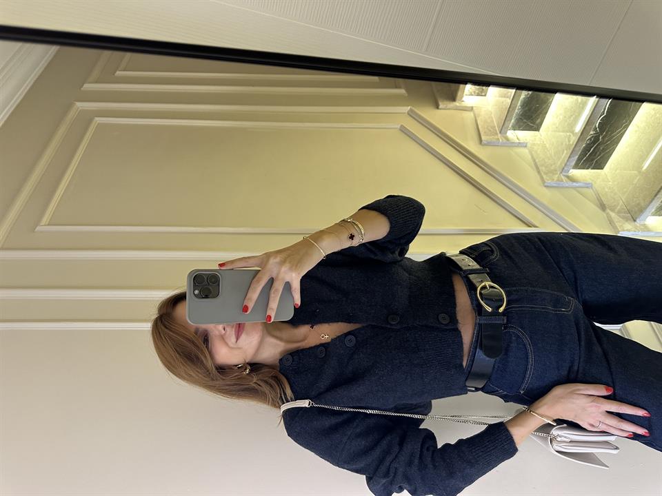 Lacivert Düğmeli Yün Crop Hırka