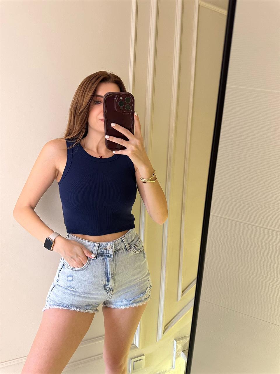 Lacivert Fitilli Halter Yaka Crop