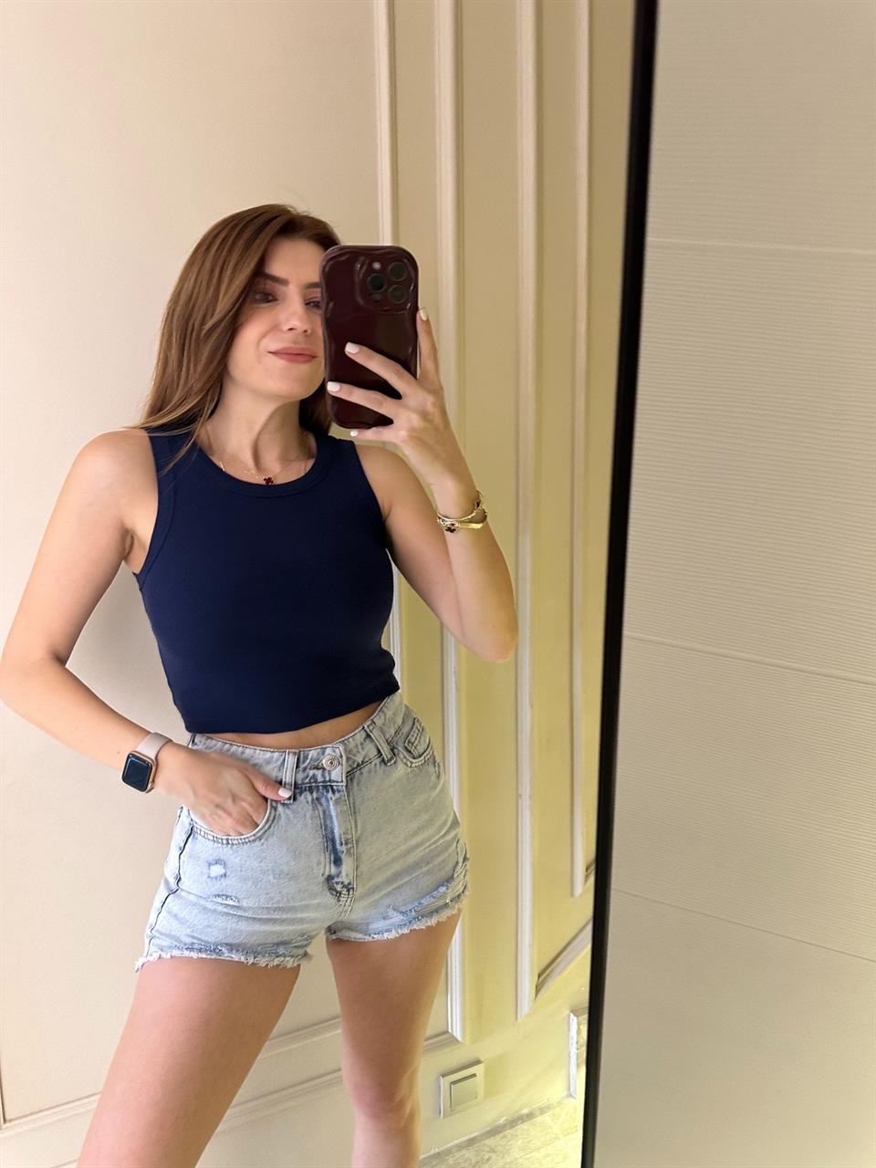 Lacivert Fitilli Halter Yaka Crop