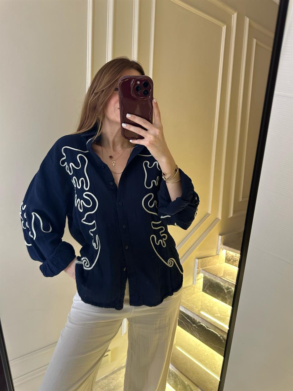 Lacivert İşlemeli Bohem Gömlek