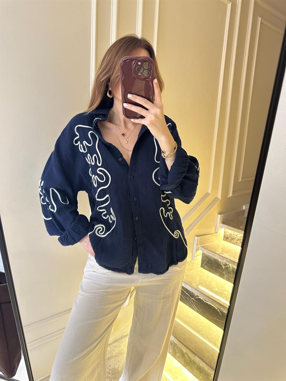 Lacivert İşlemeli Bohem Gömlek