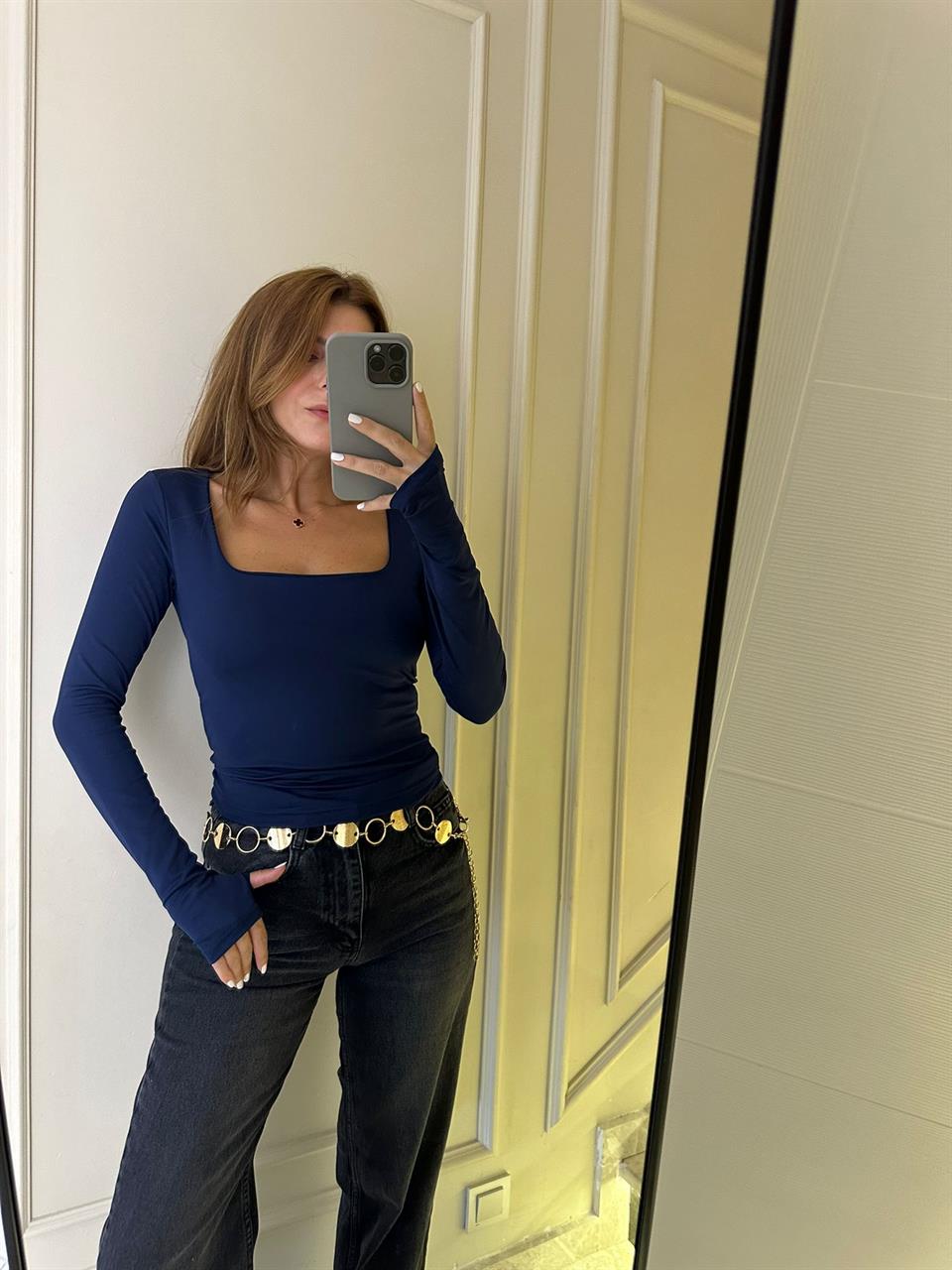 Lacivert Kare Yaka Parmak Geçmeli Dalgıç Bluz