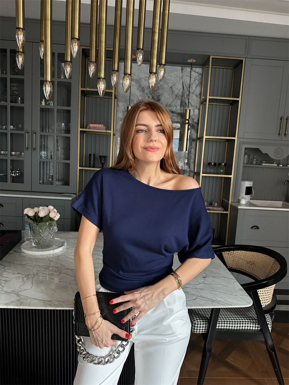 Lacivert Kayık Yaka Kısa Kol Bluz