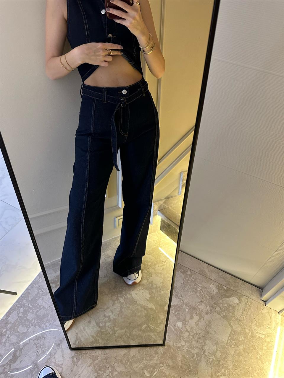 Lacivert Kemer Detay Wide Leg Jean