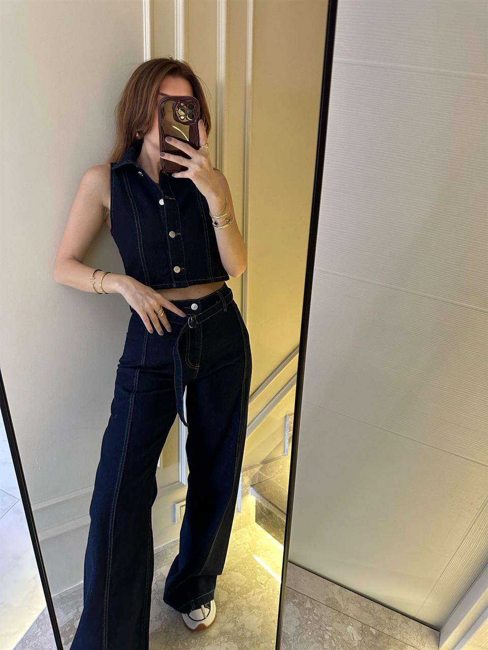 Lacivert Kemer Detay Wide Leg Jean